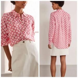 Boden Coral Button Up 100% Linen Top US 4P Pink Long Roll Tab Sleeve Collar